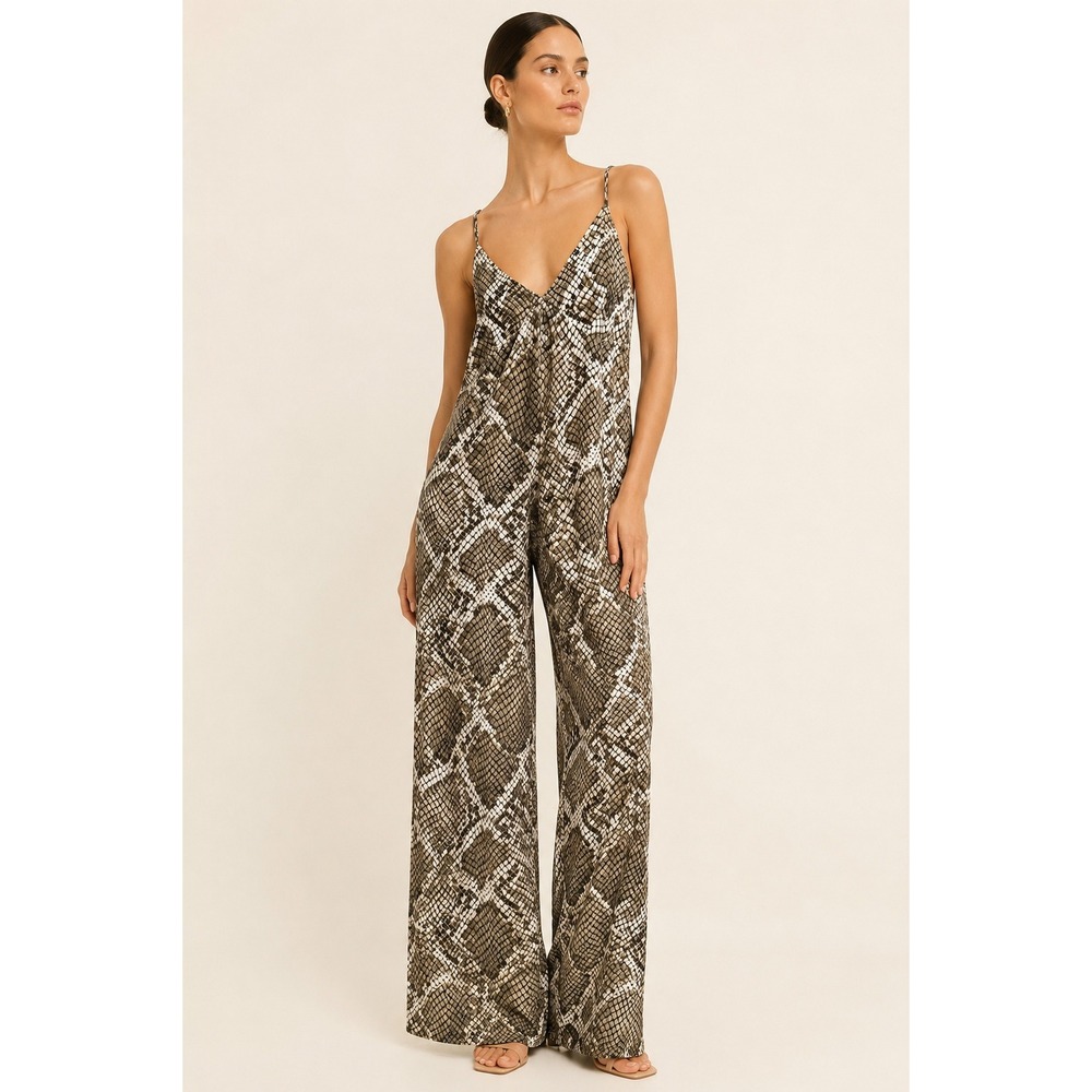 NWT Norma Kamali Snake Print Slip Jumpsuit Wide Leg Python M Resort Mob Wife 90s